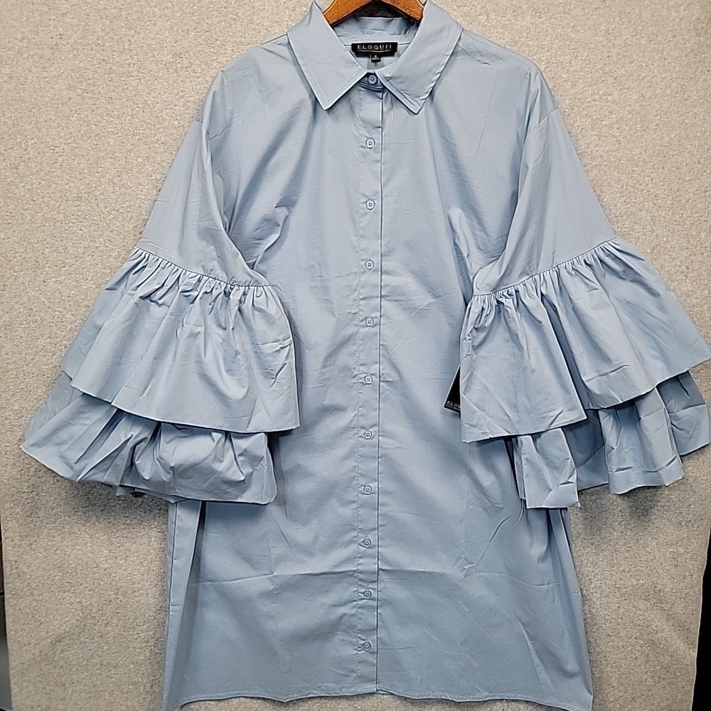 ELOQUII Blue Poplin Ruffle Sleeve Mini Dress Button Front Sz 18 NWT